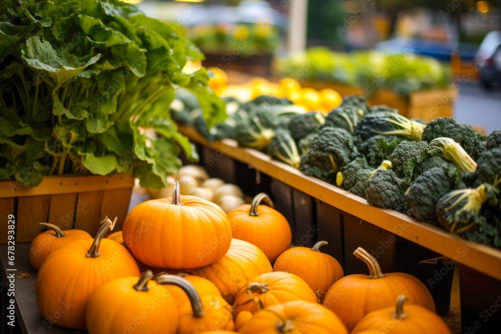Presentation of fall autumn farmers market with pumpkins vegetables on display Presentation of fall autumn farmers market with pumpkins vegetables on display