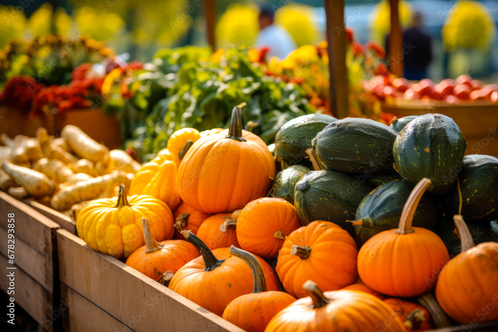 Presentation of fall autumn farmers market with pumpkins vegetables on display Presentation of fall autumn farmers market with pumpkins vegetables on display
