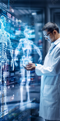 A doctor uses technology to make diagnoses. Medical research and technological innovation to improve patient health