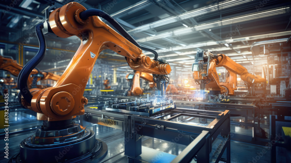 A highly efficient factory floor featuring advanced robotics A highly efficient factory floor featuring advanced robotics