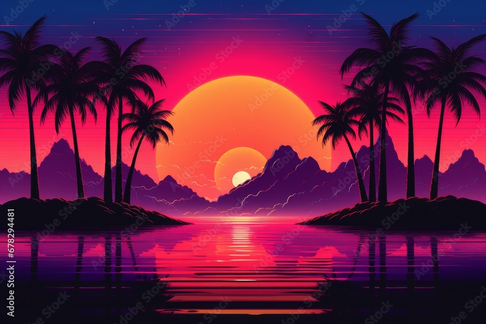 Retrowave or Synthwave Landscape with Sunset 80s retro style. Generative AI.