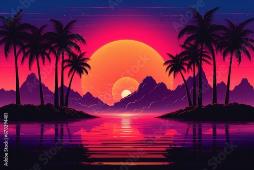 Retrowave or Synthwave Landscape with Sunset 80s retro style. Generative AI. © YULIIA