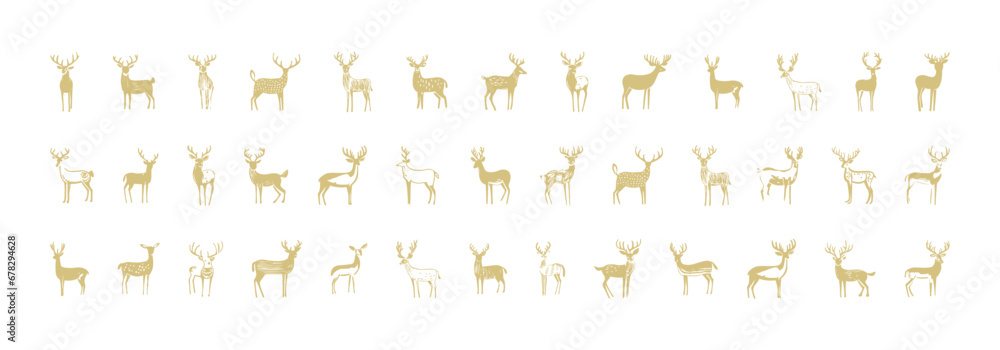 Hand drawn deer doodle illustration set. Vintage style reindeer drawing collection. Holiday animal element bundle, christmas decoration on isolated background.