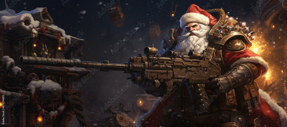 Santa Claus with a machine gun. Generative AI.