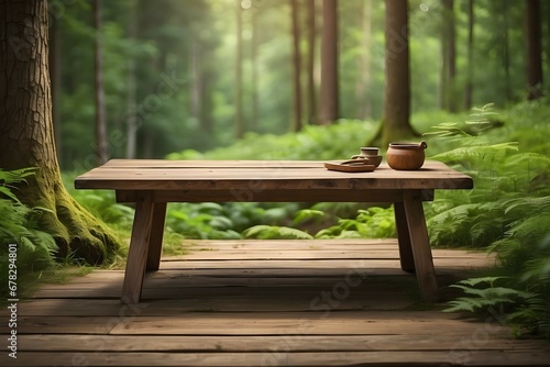 The empty wooden table top with a blurred background 