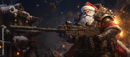 Santa Claus with a machine gun. Generative AI.