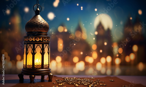 Traditional ornate oriental lantern with free space for text. Invitation to the Muslim holy month of Ramadan Kareem.