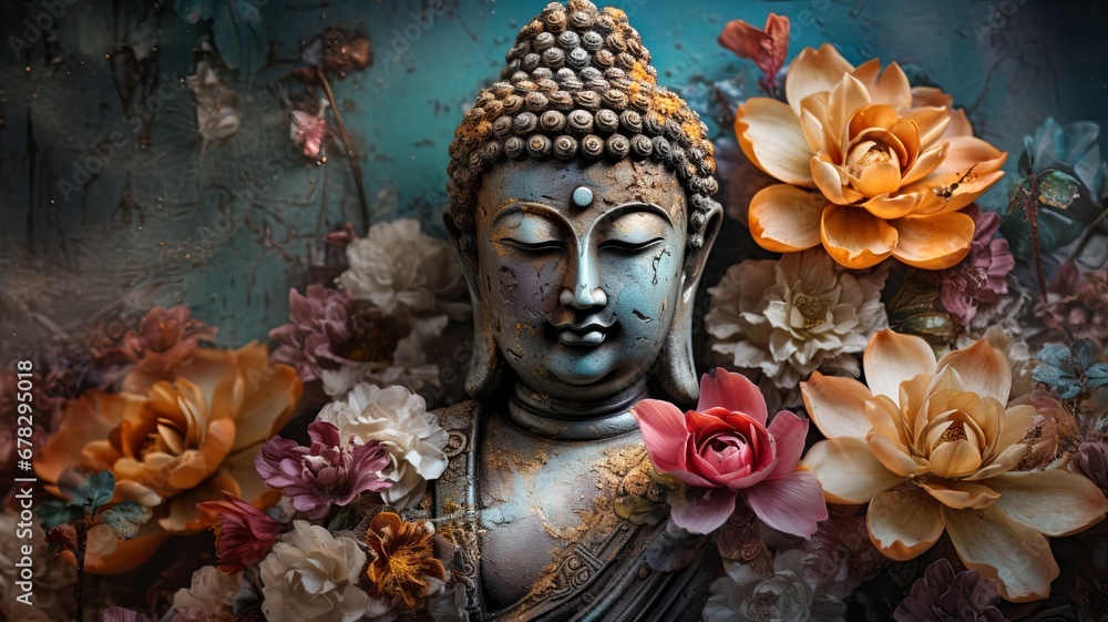 abstract, beautiful Magical, Mystical image of a buddha, painted metal, weathered, flowers, birds, beautiful auro of peaceful energy all around , generated by AI