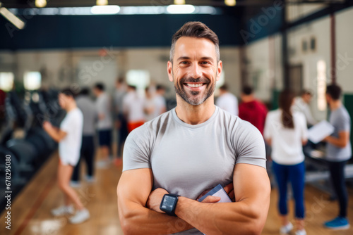 Portrait of physical education male teacher in a gym hall smiling and holding a clipboard with pupils in the background photo