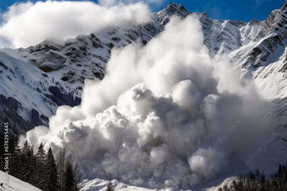 Snow avalanche in the mountains. Concept of representing the risks of winter weather in high-altitude regions