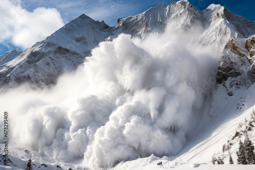 Snow avalanche in the mountains. Concept of representing the risks of winter weather in high-altitude regions