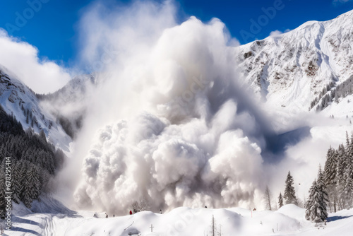 Snow avalanche in the mountains. Concept of representing the risks of winter weather in high-altitude regions