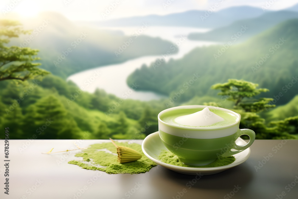 Cup of green tea on table with mountain view background. Cup of green tea on table with mountain view background.