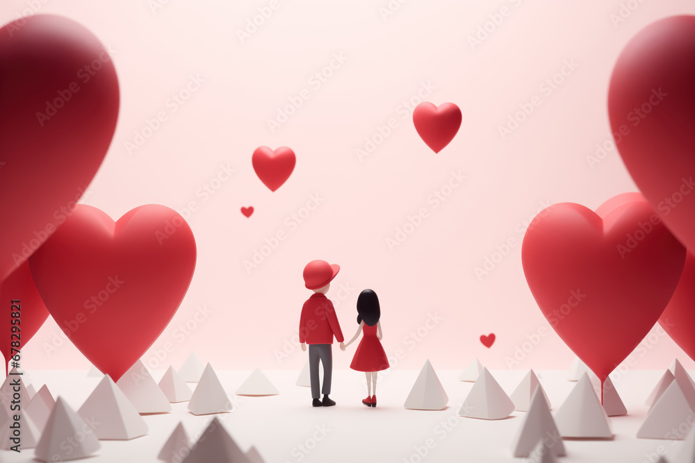 Cute little boy and girl holding hands, view from the back, Valentine's day, 3D illustration