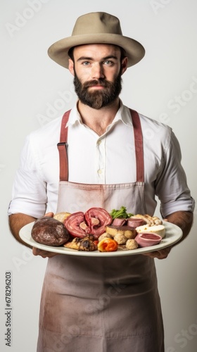 A man in a hat holding a plate of food