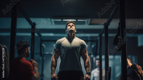 A man standing in a gym holding a barbell