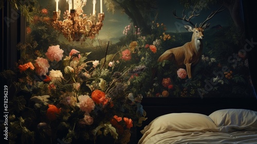 A bed with a painting of a deer and flowers © Maria Starus