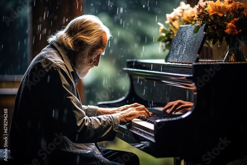 Música y canciones para piano. Fotografía de retrato en primer plano de un anciano tocando el piano mientras llueve. photo