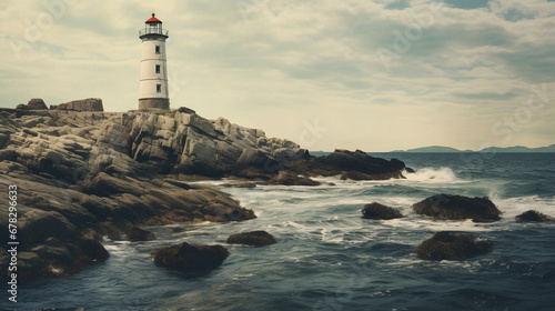 Charming Old Lighthouse Standing Tall by the Rocky Coastline, Enhanced with Cool and Muted Tones to Evoke a Nostalgic and Maritime Aura