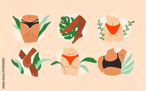 Female hairy body set. Woman unshaved legs, back, armpits with trendy underwear, body positive fashion concept. Vector flat collection