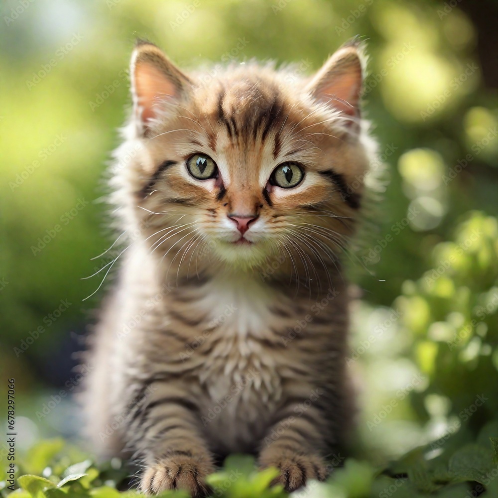 Cute kitty in garden bokeh background