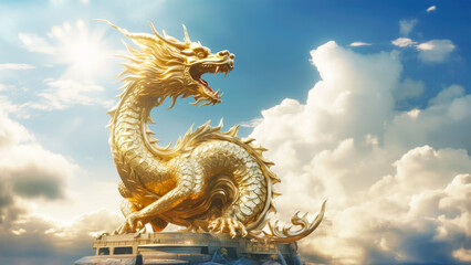 A golden dragon statue shining in the sun, a symbol of the Chinese New Year, against a background of blue sky and white clouds. Happy holiday concept. Copy space. Banner
