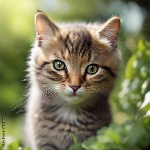 Cute kitty in garden bokeh background