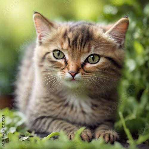 Cute kitty in garden bokeh background