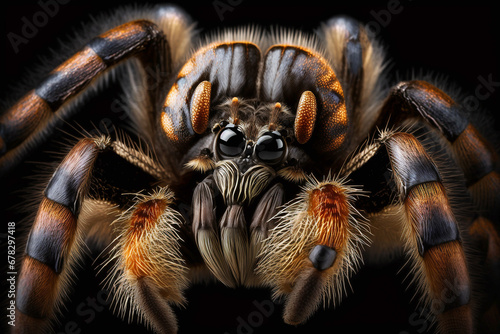 tarantula  spider head close up on black background, created with generative AI technology © VSzili