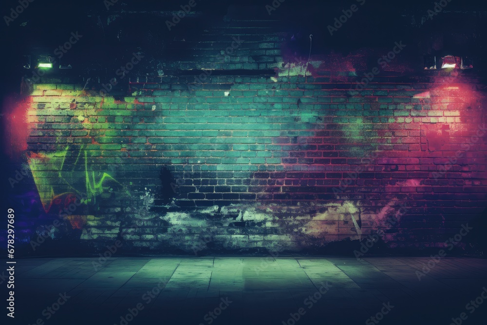 A grunge background with dark, textured walls, concrete floor, and vibrant neon lights, creating a modern and retro atmosphere.