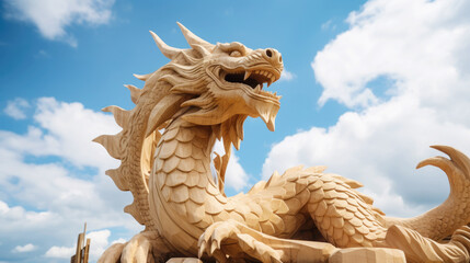 A wooden dragon statue shining in the sun, a symbol of the Chinese New Year, against a background of blue sky and white clouds. Happy holiday concept. Copy space. Banner