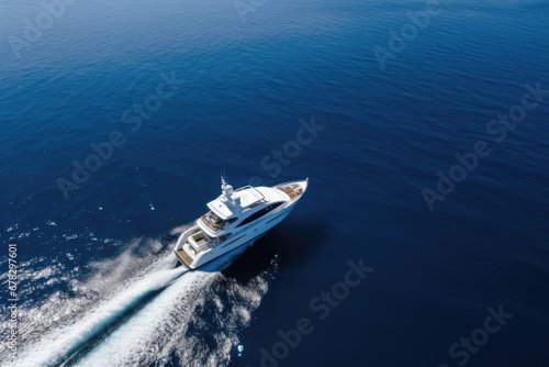 A speedy motor yacht cruises through the blue sea, embodying luxury, leisure, and power in a coastal landscape.