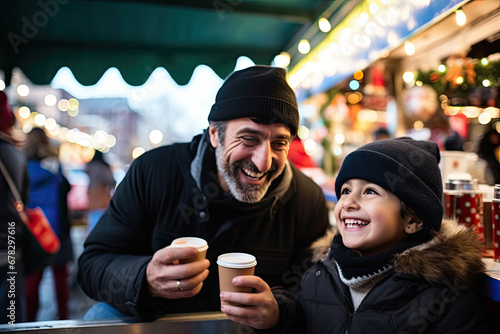 Smiling Arabian family enjoys winter in the city  sipping hot drinks at the Christmas market.