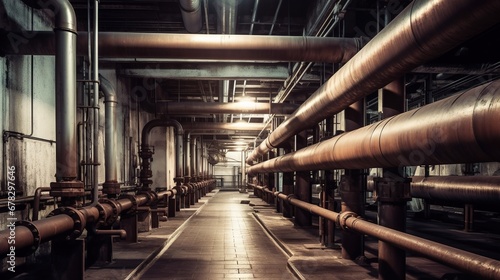 Complex network of pipes inside an industrial facility, wide view.
