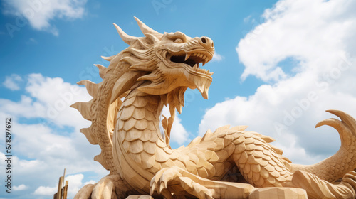 A wooden dragon statue shining in the sun, a symbol of the Chinese New Year, against a background of blue sky and white clouds. Happy holiday concept. Copy space. Banner
