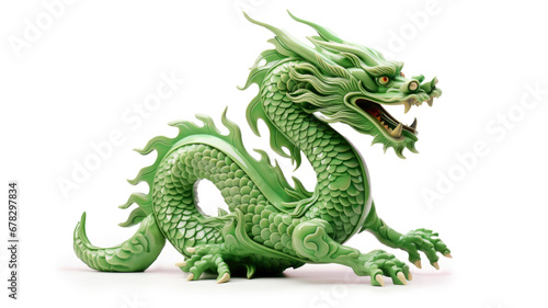 A green nephritis dragon, a symbol of the Chinese New Year, isolated on a white background. Happy holiday concept. Copy space. Banner