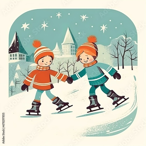 Children are having fun on Skates, Retro illustration. Children play outside during the winter holidays. Holidays and childhood. postcard, banner