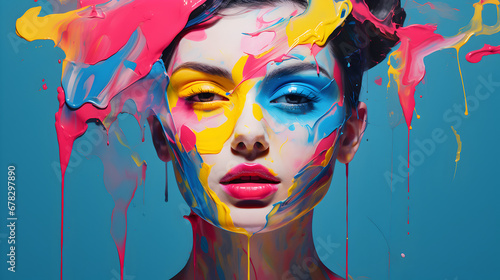 A colorful portrait of a beautiful young girl who has a face with modern, urban make-up and the whole face painted in vivid colorful paint photo