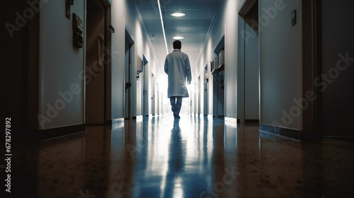 Medic or doctor walking along hospital corridor.