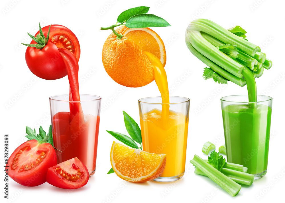 Set of three fruit juice glasses and fresh juice pouring from fruits into the glasses isolated on white background. Set of three fruit juice glasses and fresh juice pouring from fruits into the glasses isolated on white background.