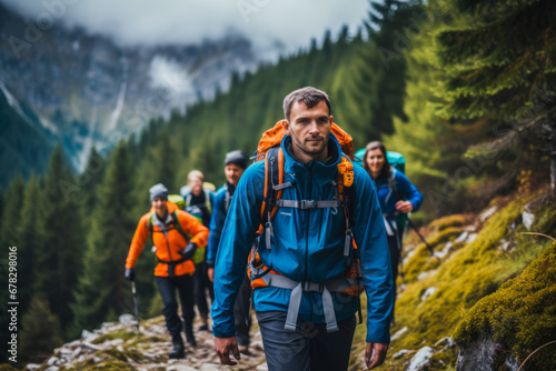 Mountain guide leading a group of hikers