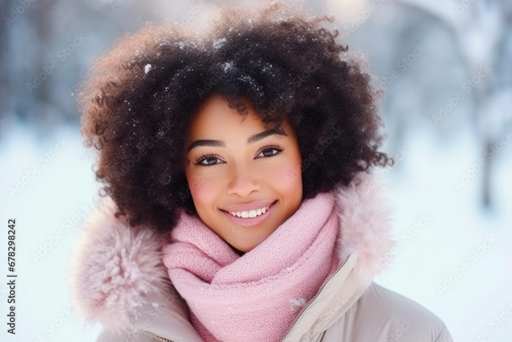 Portrait of a smiling African American mixed race younger woman with afro in pink coat and scarf in winter and snowing Portrait of a smiling African American mixed race younger woman with afro in pink coat and scarf in winter and snowing
