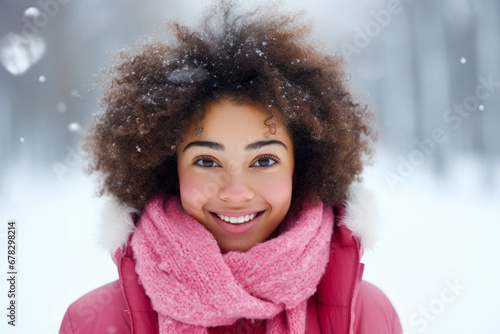 Portrait of a smiling African American mixed race younger woman with afro in pink coat and scarf in winter and snowing