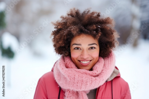 Portrait of a smiling African American mixed race younger woman with afro in pink coat and scarf in winter and snowing