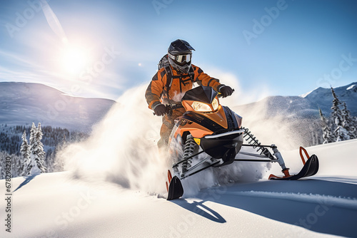 a guy rides a Snowmobile against the background of a winter forest, leaving a trail of splashes of white snow. a bright snowmobile and a suit without brands. Extreme sports. Banner © Irina