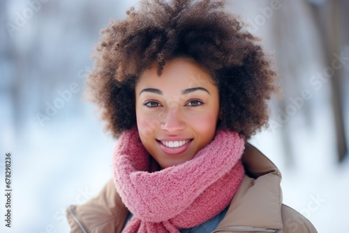 Portrait of a smiling African American mixed race younger woman with afro in pink coat and scarf in winter and snowing