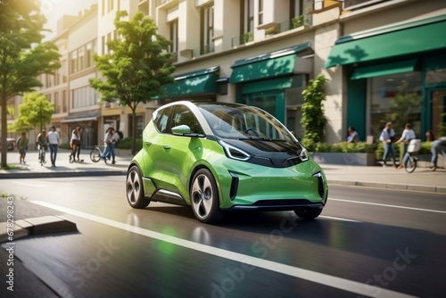 Electric car moving in the city street, sustainable transportation, eco-friendly concept, generative AI