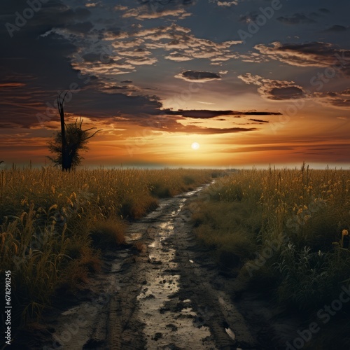 a dirt road through a field of grass and a sunset