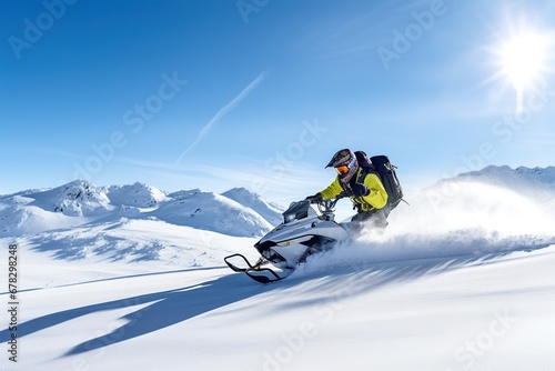 a guy rides a Snowmobile against the background of a winter forest, leaving a trail of splashes of white snow. a bright snowmobile and a suit without brands. Extreme sports. Banner photo