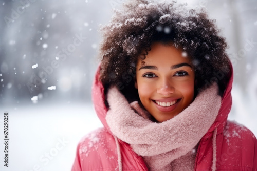 Portrait of a smiling African American mixed race younger woman with afro in pink coat and scarf in winter and snowing